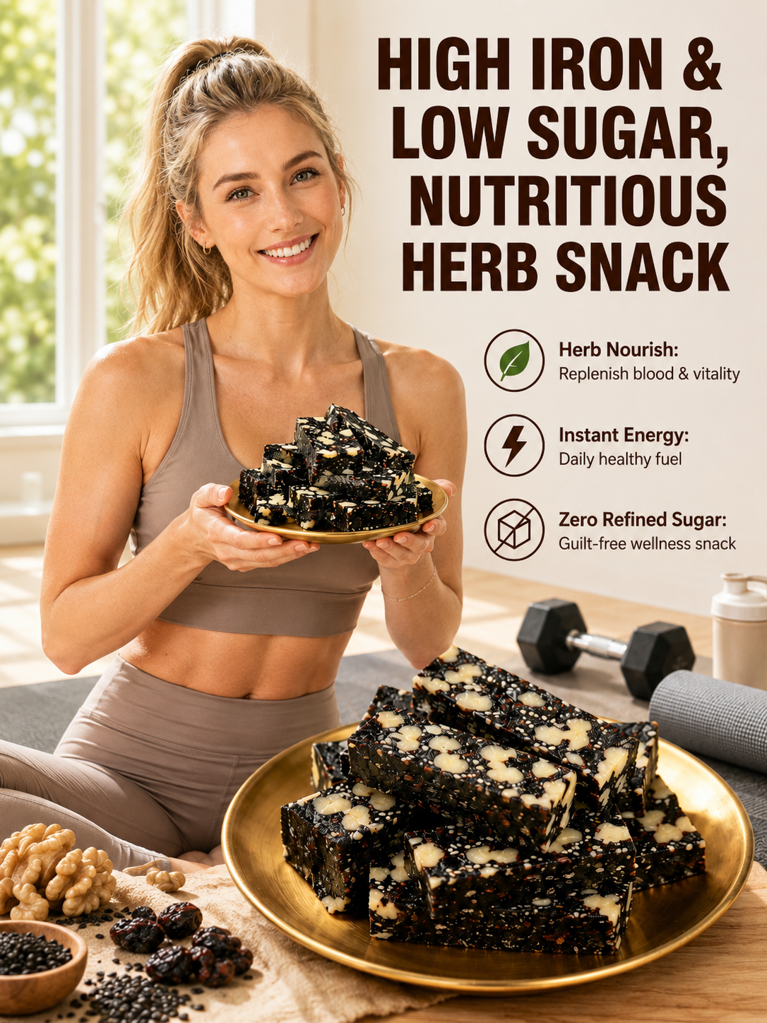 Mulberry Rehmannia & Black Goji Sesame Cake – Soft Herbal Nut Snack, Low Sugar Energy Bar-$LX