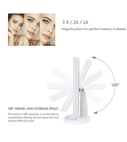 36 LED Nature Daylight Lighted Makeup Mirror.Tri-Fold Lighted Makeup Mirror with 3X/2X Magnification and Touch Screen Dimming Makeup Mirror. 180 Degree free Rotation. Countertop Cosmetic Mirror