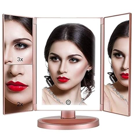 36 LED Nature Daylight Lighted Makeup Mirror.Tri-Fold Lighted Makeup Mirror with 3X/2X Magnification and Touch Screen Dimming Makeup Mirror. 180 Degree free Rotation. Countertop Cosmetic Mirror