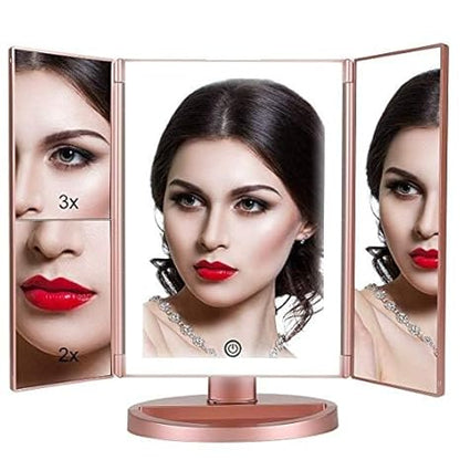 36 LED Nature Daylight Lighted Makeup Mirror.Tri-Fold Lighted Makeup Mirror with 3X/2X Magnification and Touch Screen Dimming Makeup Mirror. 180 Degree free Rotation. Countertop Cosmetic Mirror