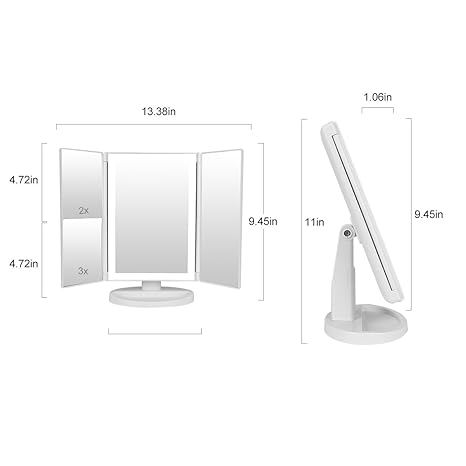 36 LED Nature Daylight Lighted Makeup Mirror.Tri-Fold Lighted Makeup Mirror with 3X/2X Magnification and Touch Screen Dimming Makeup Mirror. 180 Degree free Rotation. Countertop Cosmetic Mirror