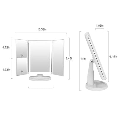 36 LED Nature Daylight Lighted Makeup Mirror.Tri-Fold Lighted Makeup Mirror with 3X/2X Magnification and Touch Screen Dimming Makeup Mirror. 180 Degree free Rotation. Countertop Cosmetic Mirror