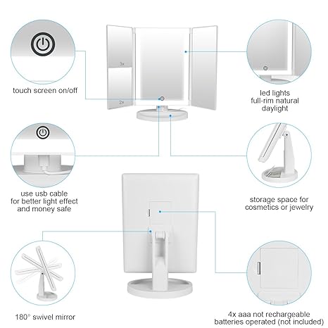 36 LED Nature Daylight Lighted Makeup Mirror.Tri-Fold Lighted Makeup Mirror with 3X/2X Magnification and Touch Screen Dimming Makeup Mirror. 180 Degree free Rotation. Countertop Cosmetic Mirror