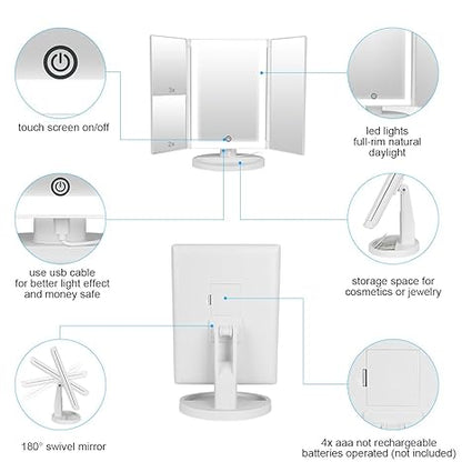 36 LED Nature Daylight Lighted Makeup Mirror.Tri-Fold Lighted Makeup Mirror with 3X/2X Magnification and Touch Screen Dimming Makeup Mirror. 180 Degree free Rotation. Countertop Cosmetic Mirror