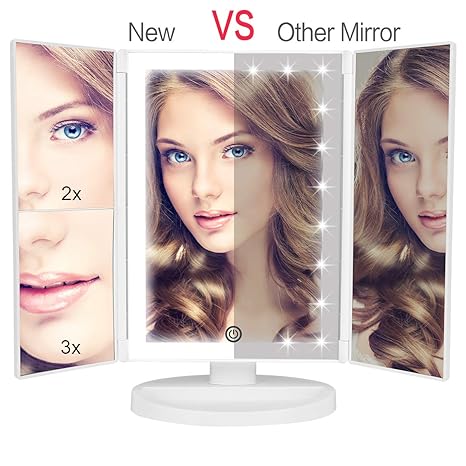 36 LED Nature Daylight Lighted Makeup Mirror.Tri-Fold Lighted Makeup Mirror with 3X/2X Magnification and Touch Screen Dimming Makeup Mirror. 180 Degree free Rotation. Countertop Cosmetic Mirror