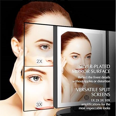 36 LED Nature Daylight Lighted Makeup Mirror.Tri-Fold Lighted Makeup Mirror with 3X/2X Magnification and Touch Screen Dimming Makeup Mirror. 180 Degree free Rotation. Countertop Cosmetic Mirror