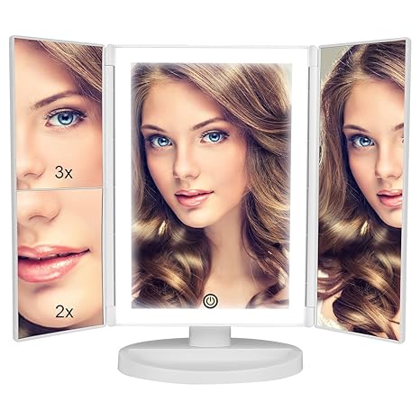 36 LED Nature Daylight Lighted Makeup Mirror.Tri-Fold Lighted Makeup Mirror with 3X/2X Magnification and Touch Screen Dimming Makeup Mirror. 180 Degree free Rotation. Countertop Cosmetic Mirror