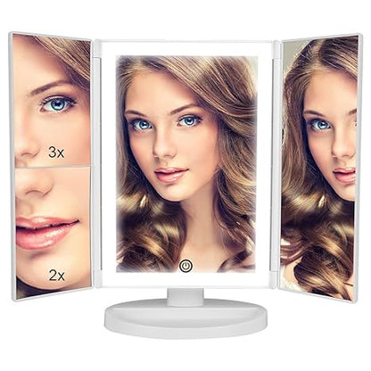 36 LED Nature Daylight Lighted Makeup Mirror.Tri-Fold Lighted Makeup Mirror with 3X/2X Magnification and Touch Screen Dimming Makeup Mirror. 180 Degree free Rotation. Countertop Cosmetic Mirror