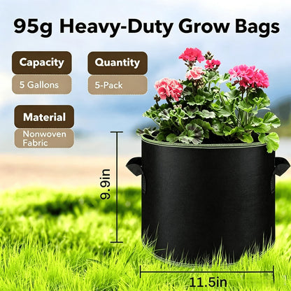 🌱 5-Pack 5 Gallon Grow Bags – Heavy Duty Aeration Fabric Pots with Handles for Vegetables, Flowers & Fruits 🪴-$AC